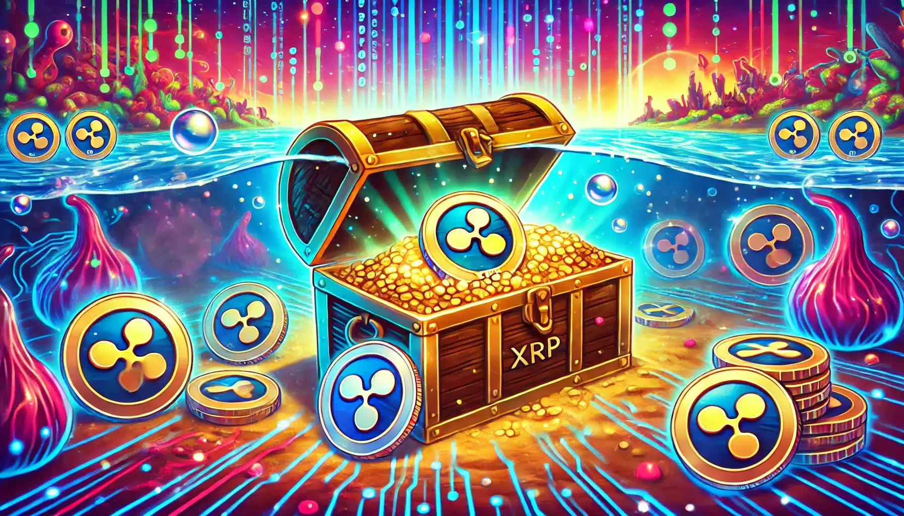 A colorful illustration of treasure chest with Ripple coins
