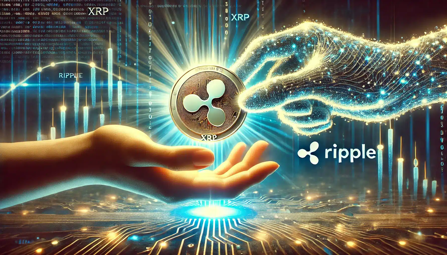 A fantastical image of Ripple coin with digital hand