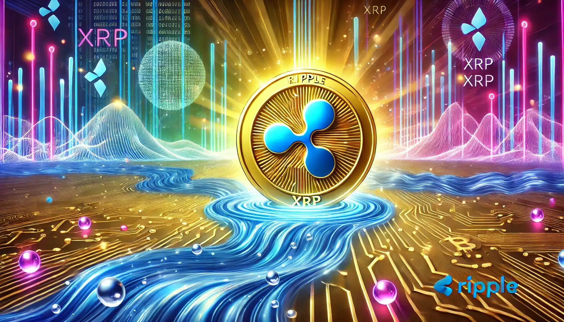 A vibrant illustration of glowing Ripple coin with digital waves