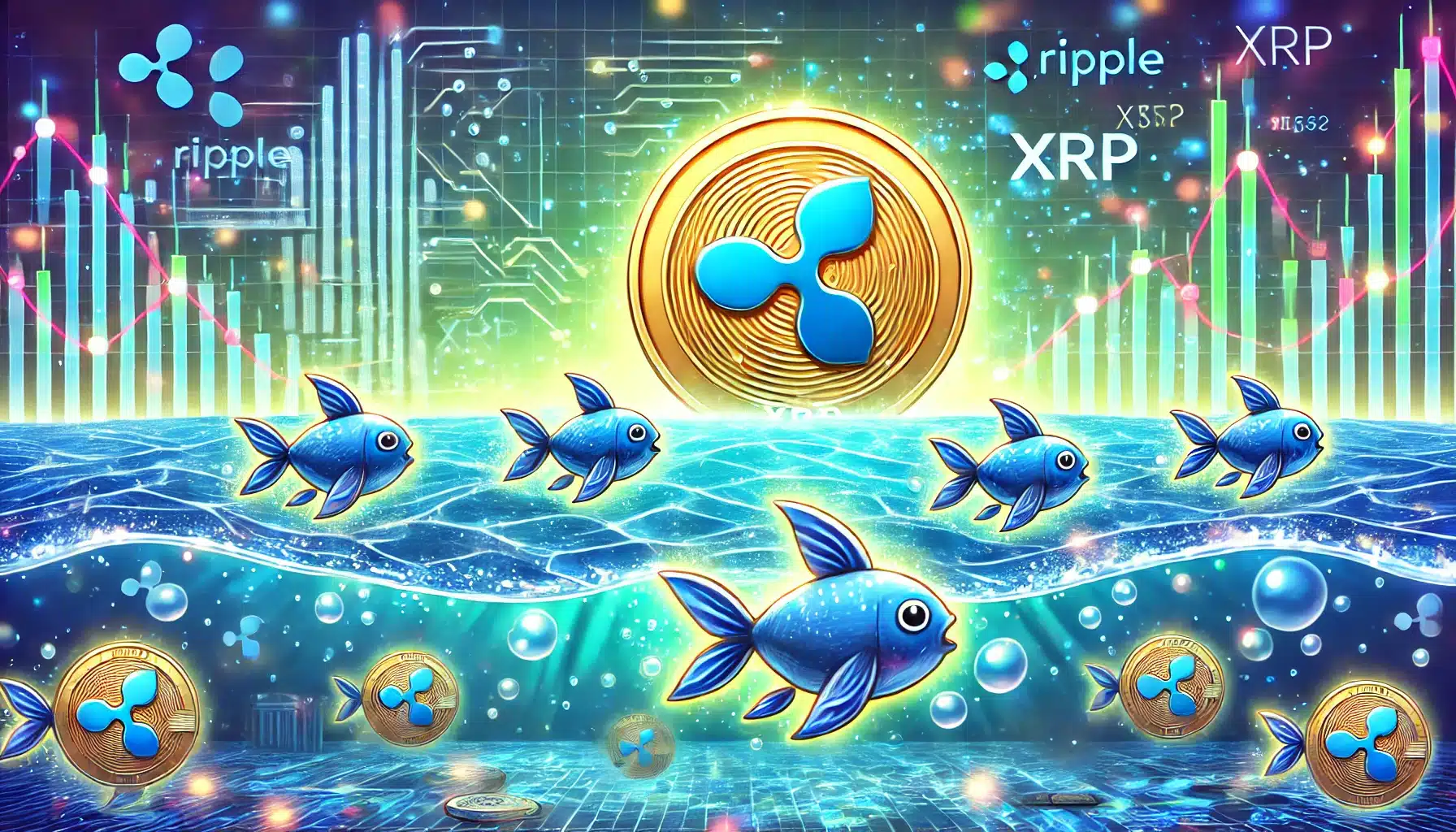 A whimsical image of digital ocean with Ripple coins
