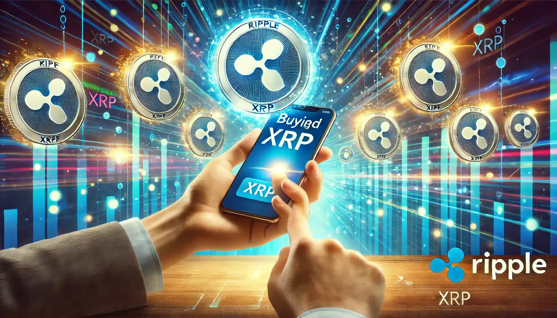 An imaginative scene of person holding smartphone with Ripple coin