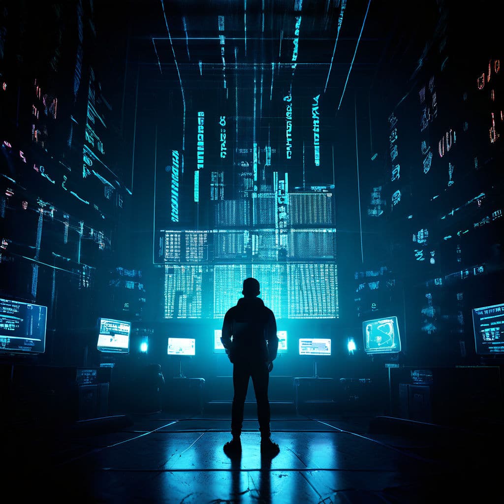 a silhouette stands esteemed amidst a room bathed in shadows towering piles of currency visibly out