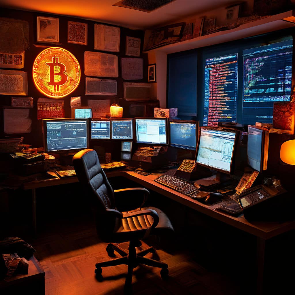 bitcoin trading room ambient light surgically isolating a computer screen aglow with fluctuating