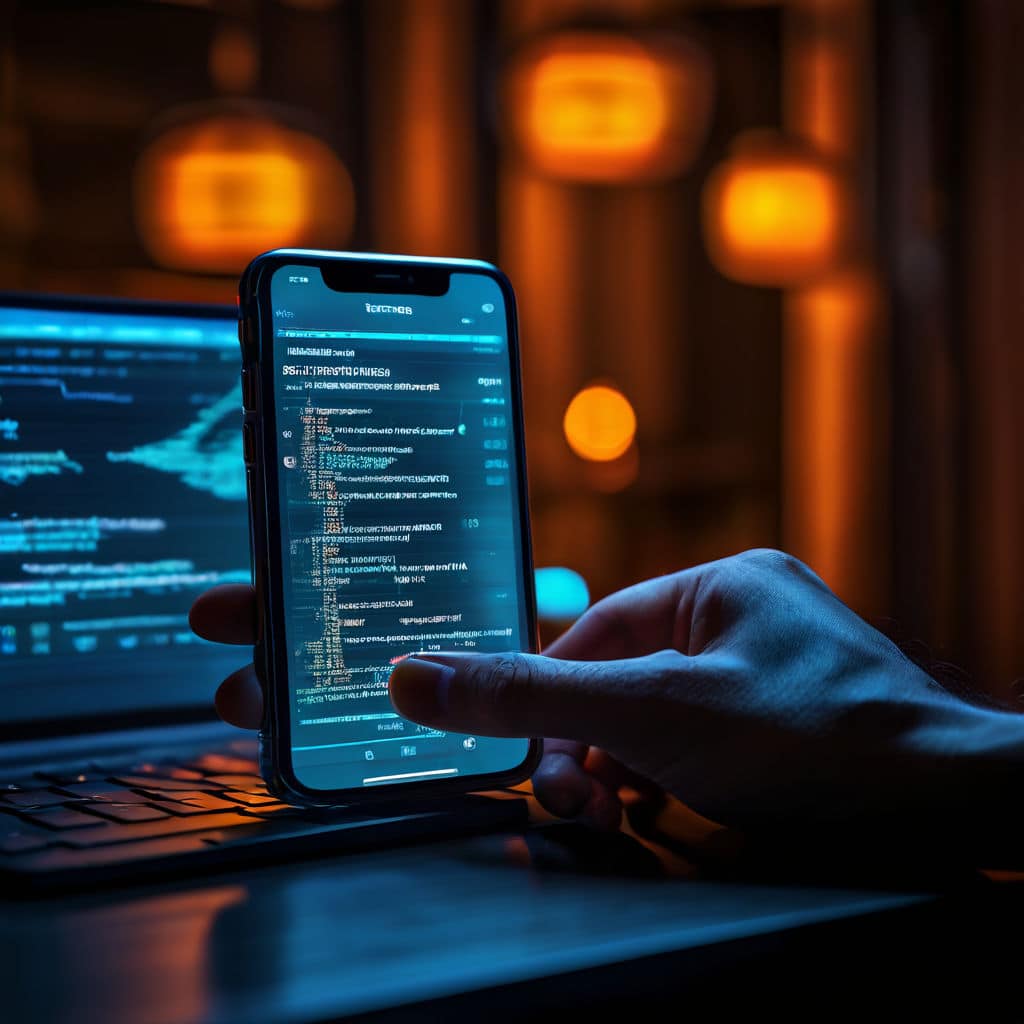 close up digital art of a hand gripping a smartphone screen glowing with bitcoin wallet app finger