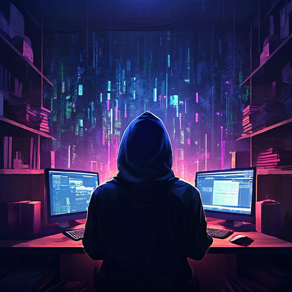 medium shot person engrossed in crypto trading hoodie concealing face dim cluttered room crypto