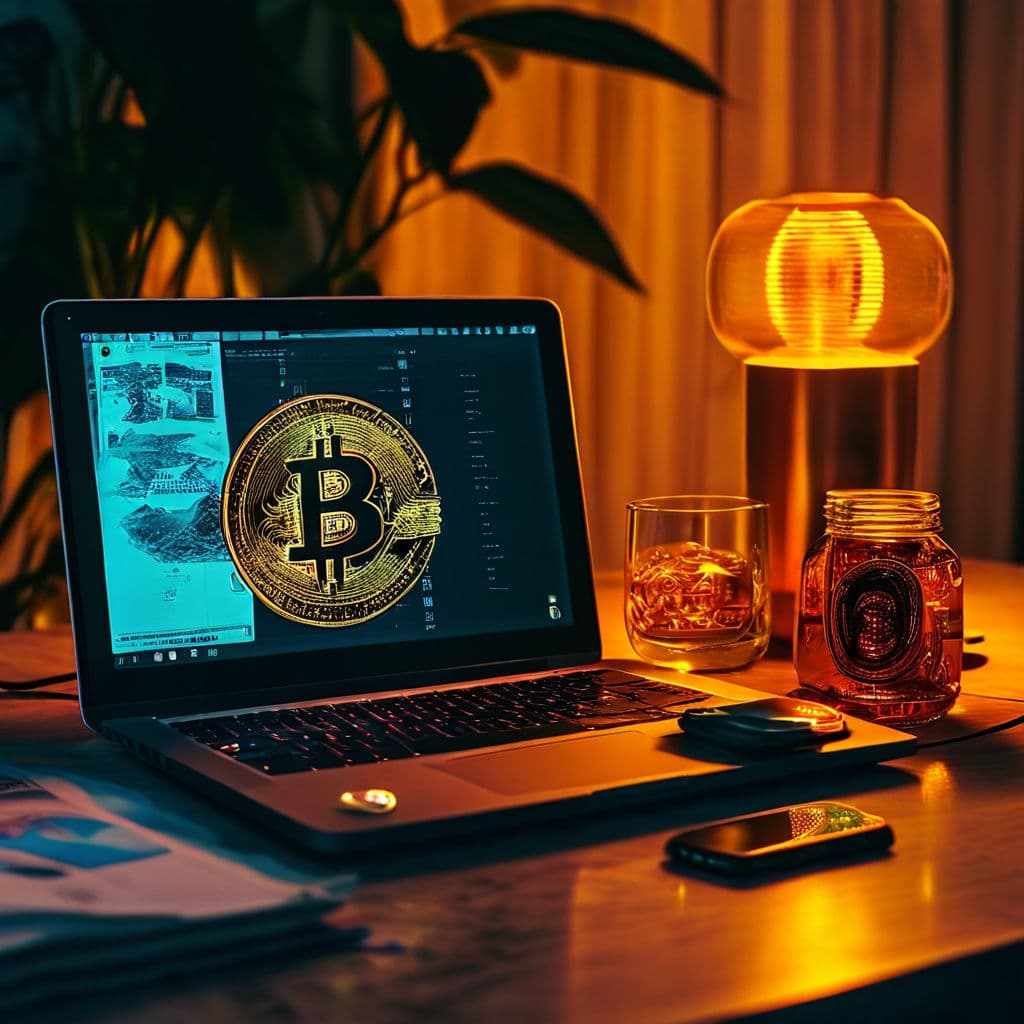 minimalist still life photo laptop displaying bitcoin logo adjacent to cash stack passport burne