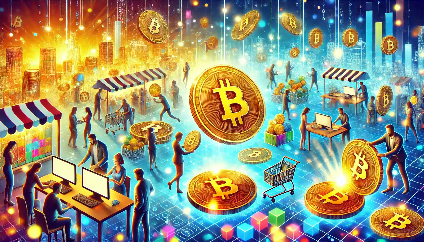 A colorful illustration of digital marketplace trading Bitcoins