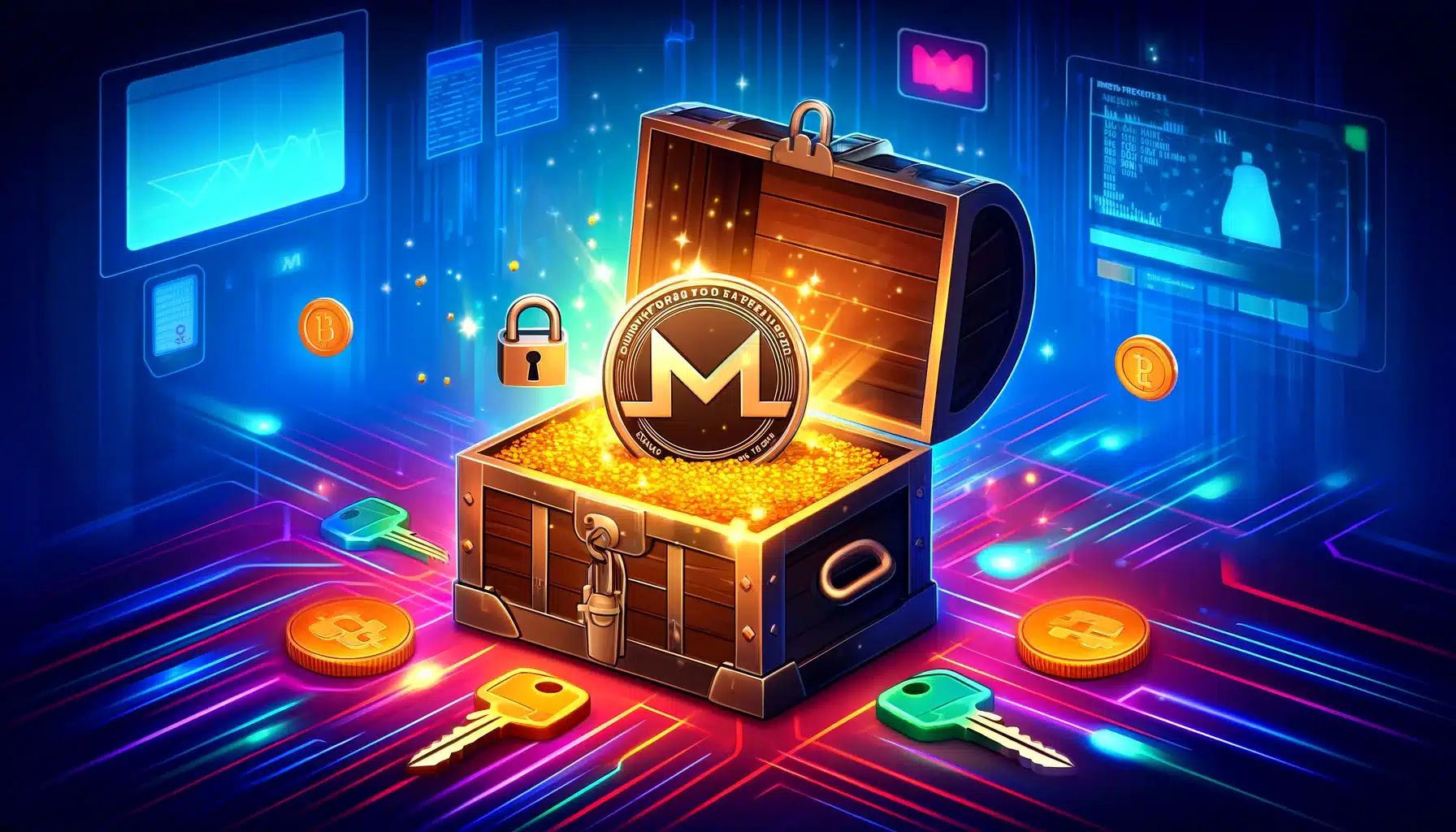 A colorful illustration of treasure chest with Monero coin