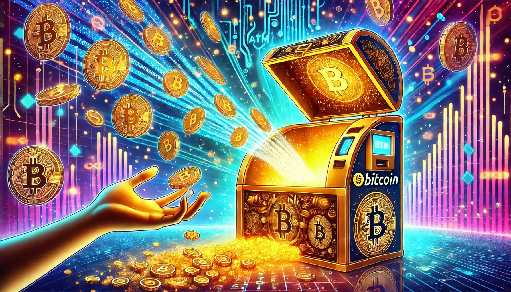A fantastical illustration of Bitcoin ATM as treasure chest