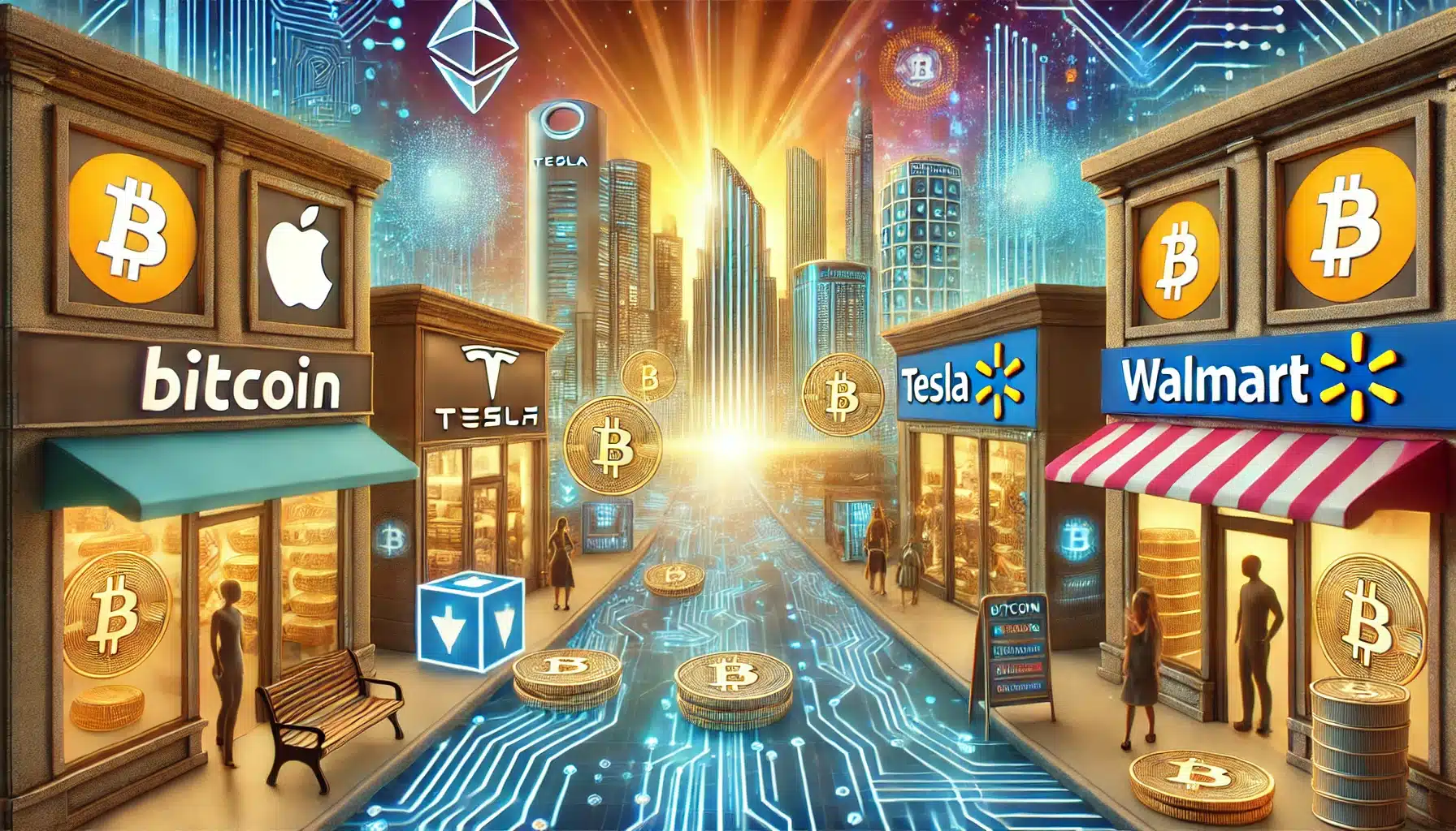A fantastical illustration of digital shopping mall accepting crypto