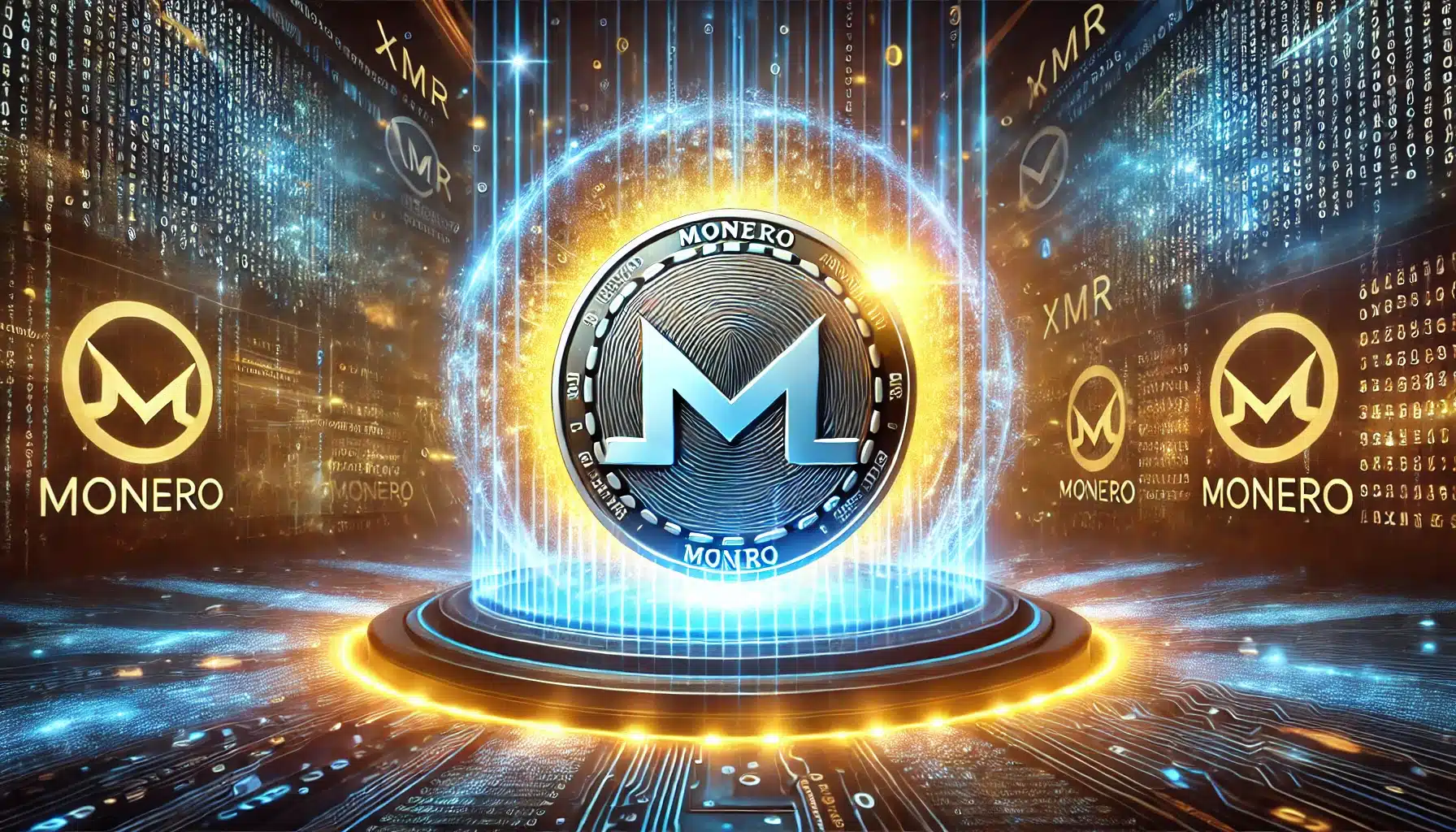 A fantastical image of Monero coin with digital shield