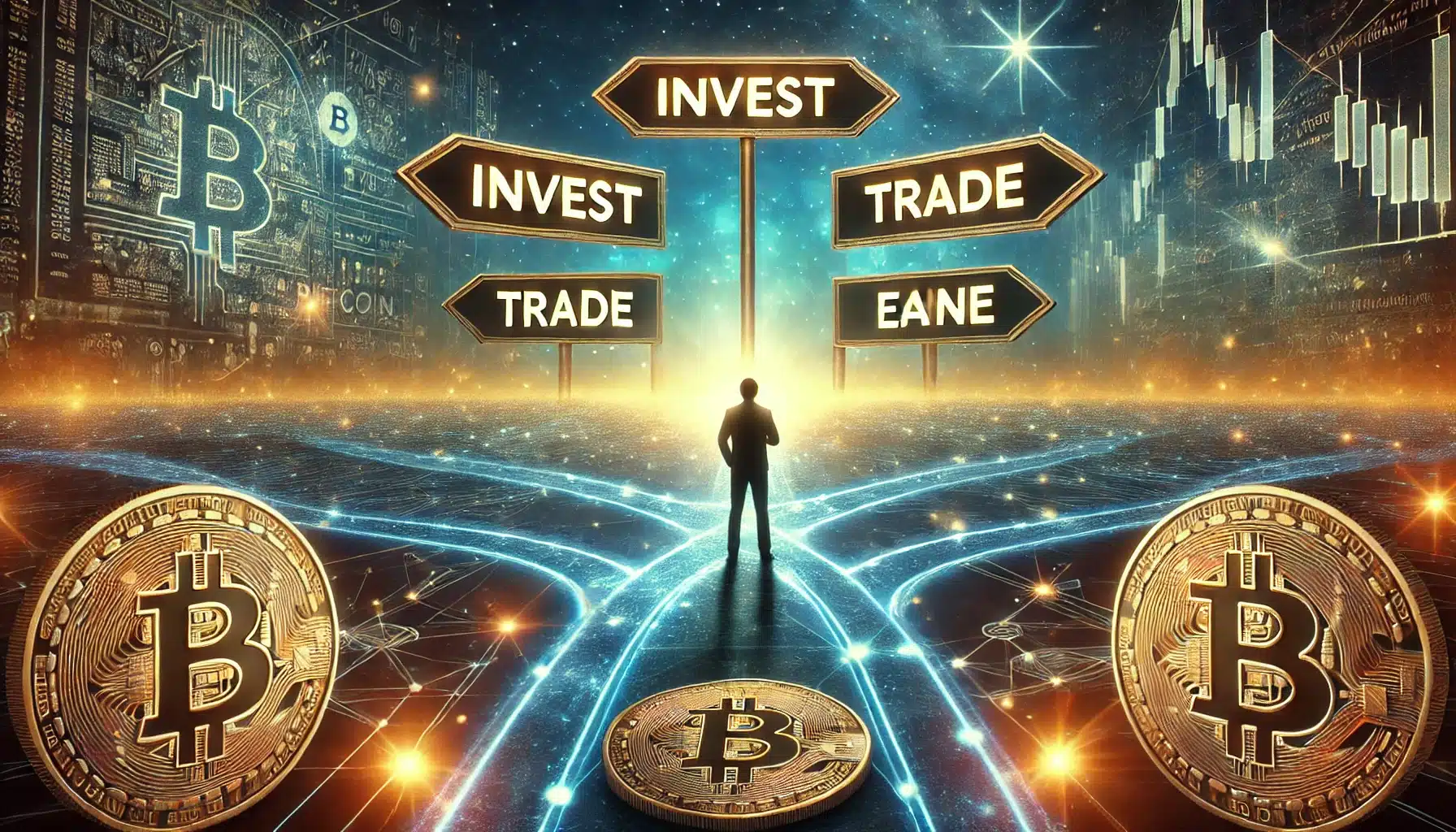 A fantastical image of digital crossroads with Bitcoins