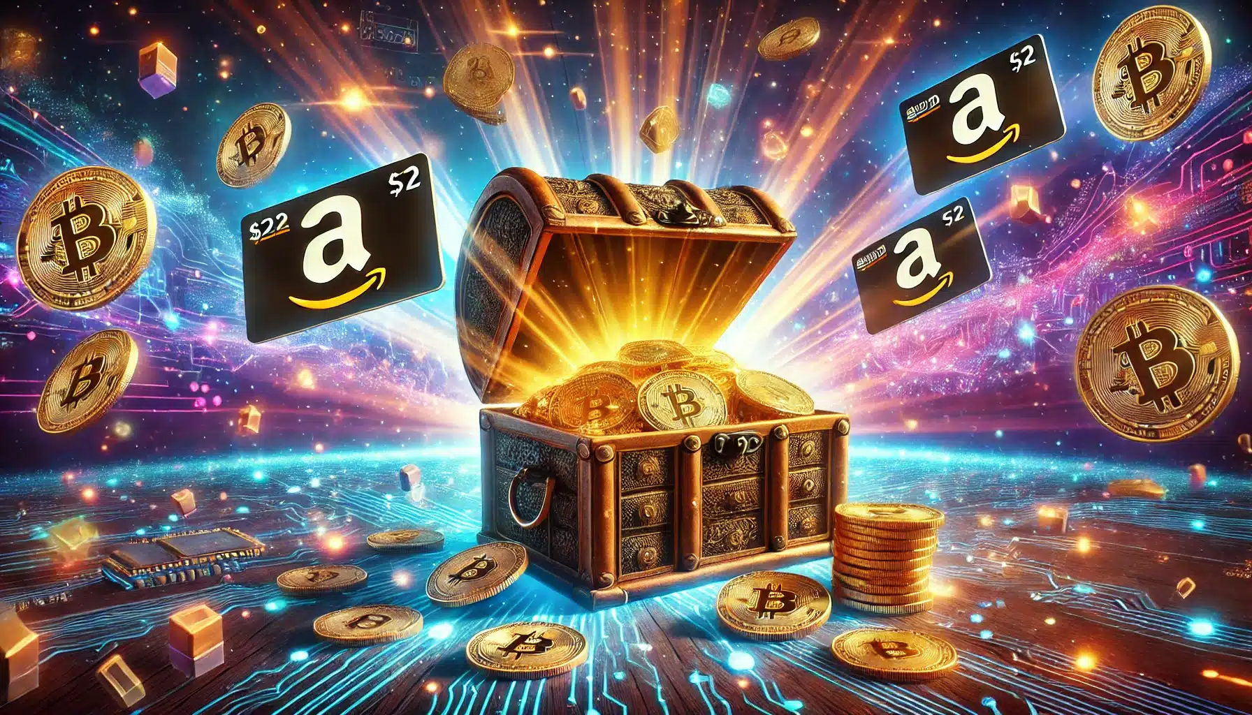 A fantastical image of treasure chest with Bitcoins and Amazon gift cards