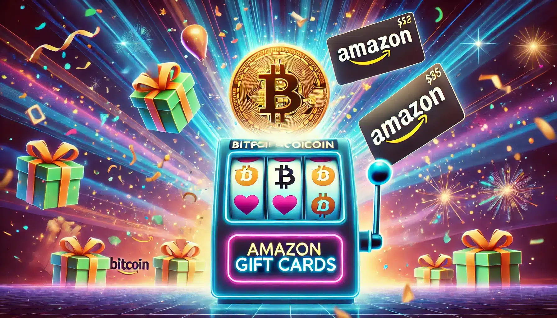 A playful illustration of Bitcoin in slot machine and Amazon gift cards