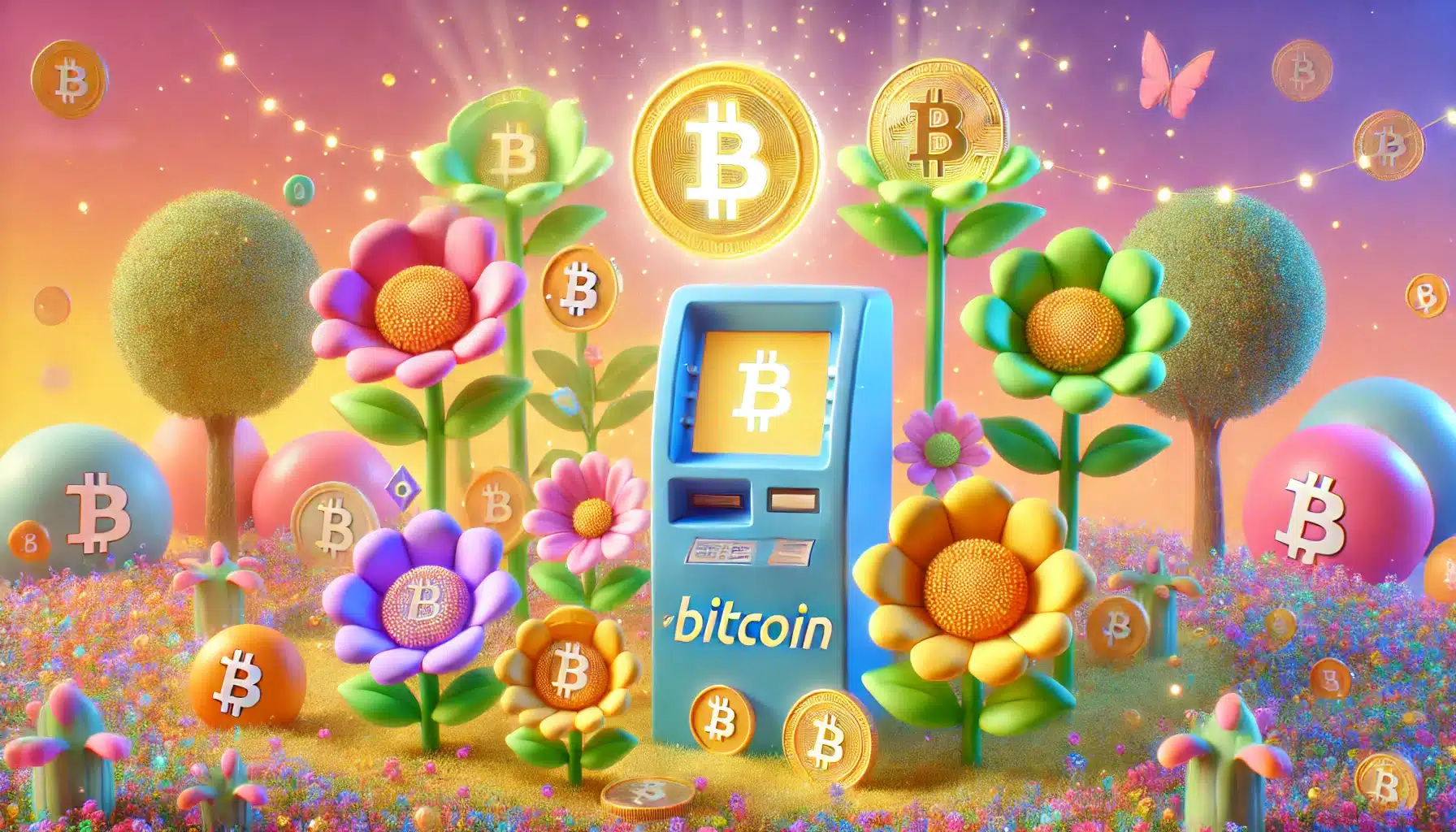 A playful image of Bitcoin ATM in colorful landscape
