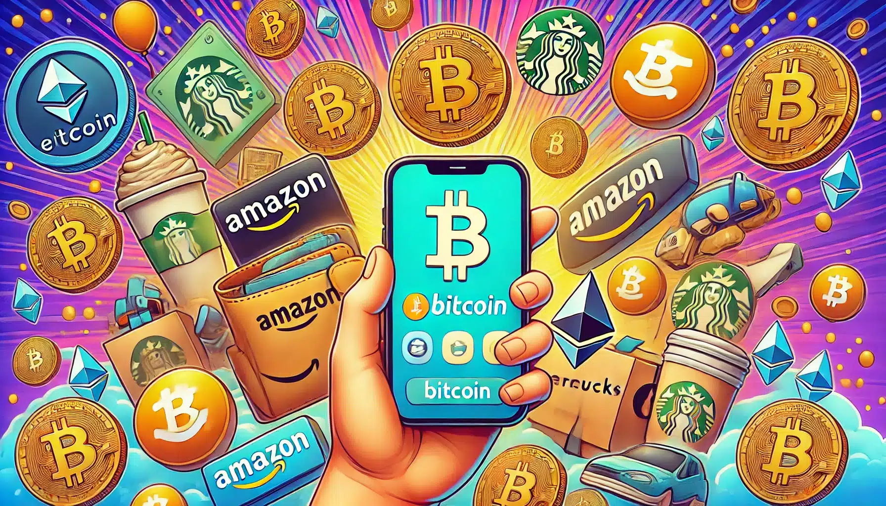 A playful image of person with Bitcoin wallet and brand logos