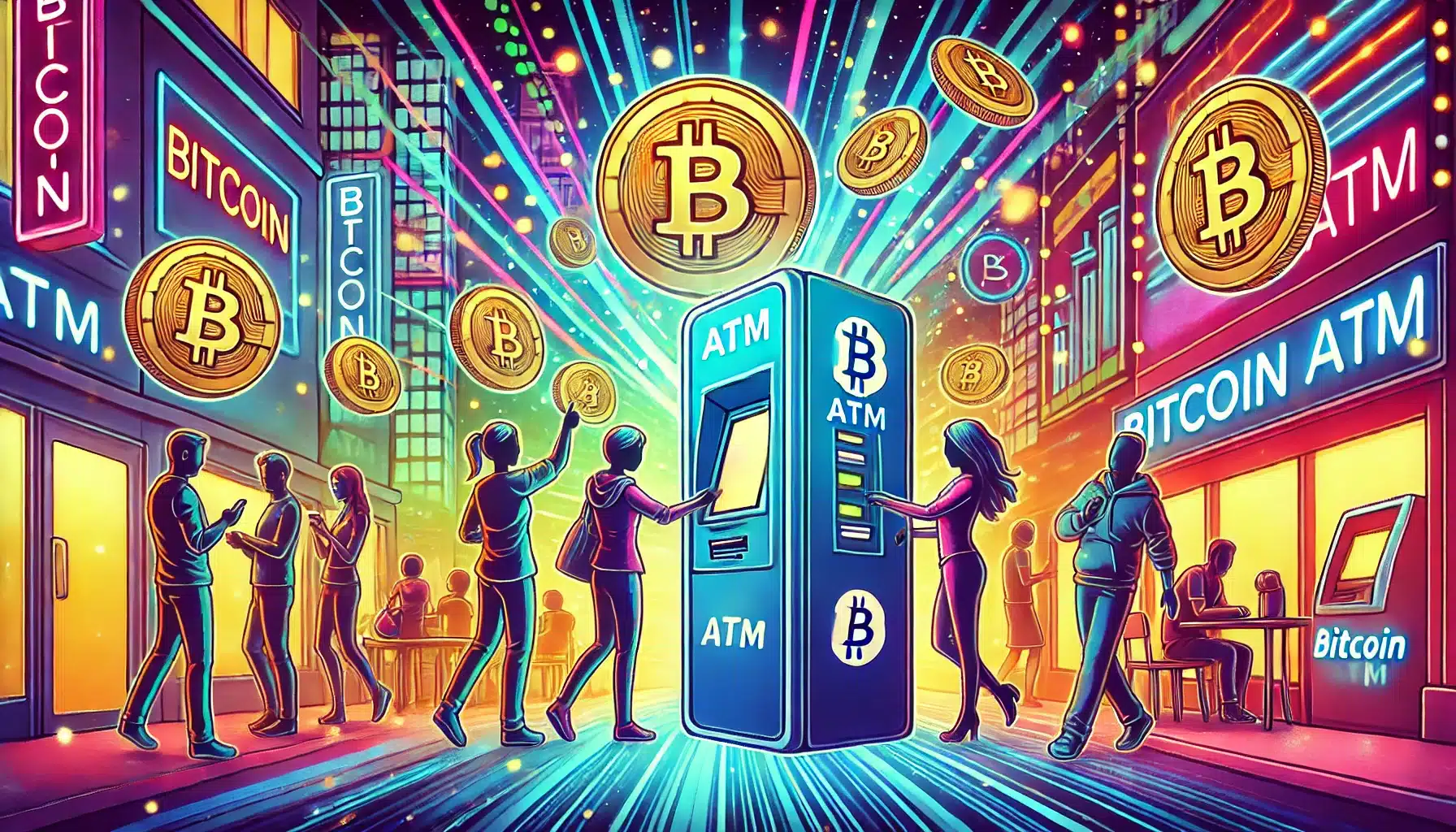 A vibrant illustration of Bitcoin ATM in urban setting