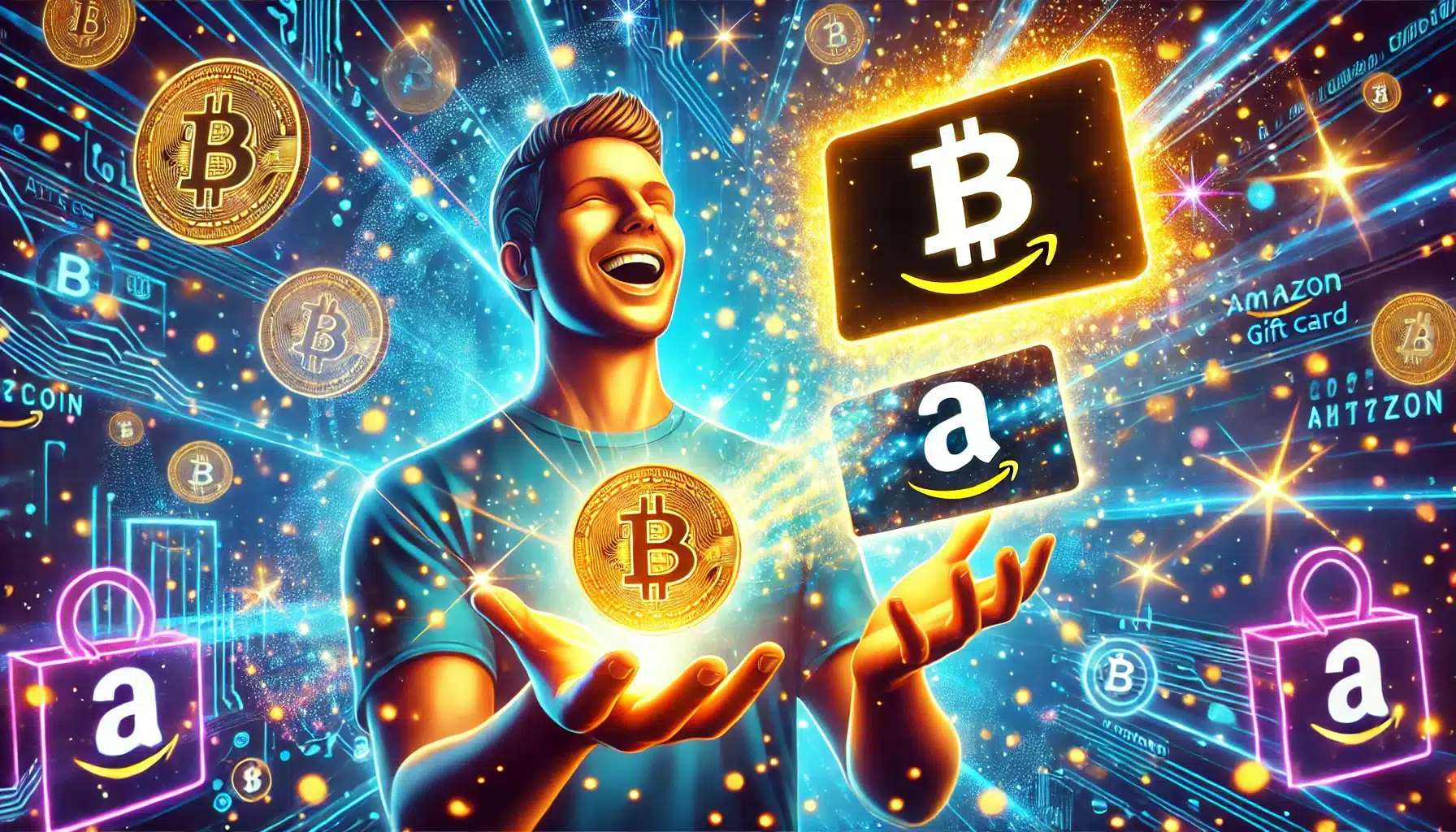 A vibrant illustration of a person holding a Bitcoin and Amazon gift card