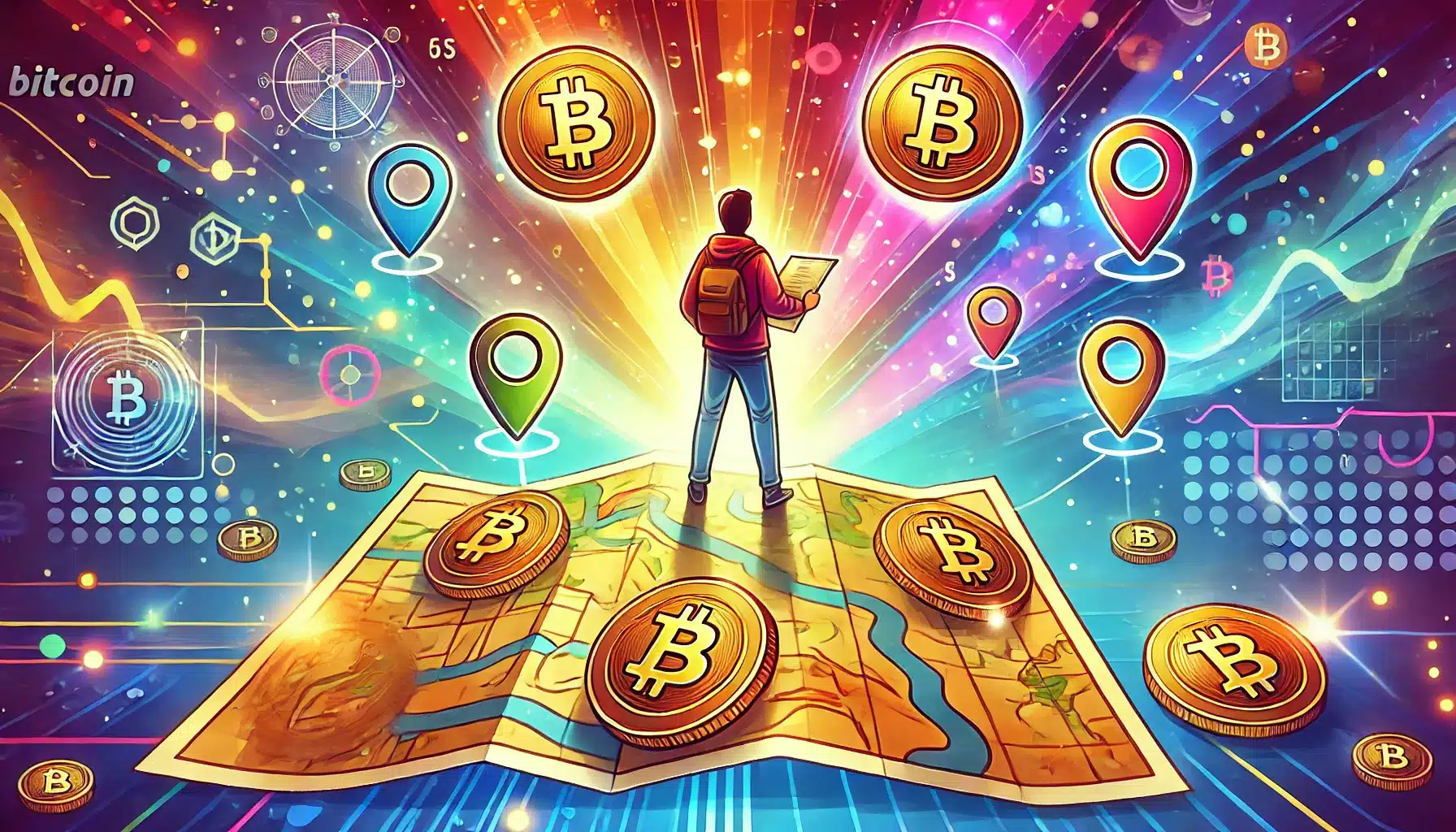 A vibrant illustration of person with Bitcoin treasure map