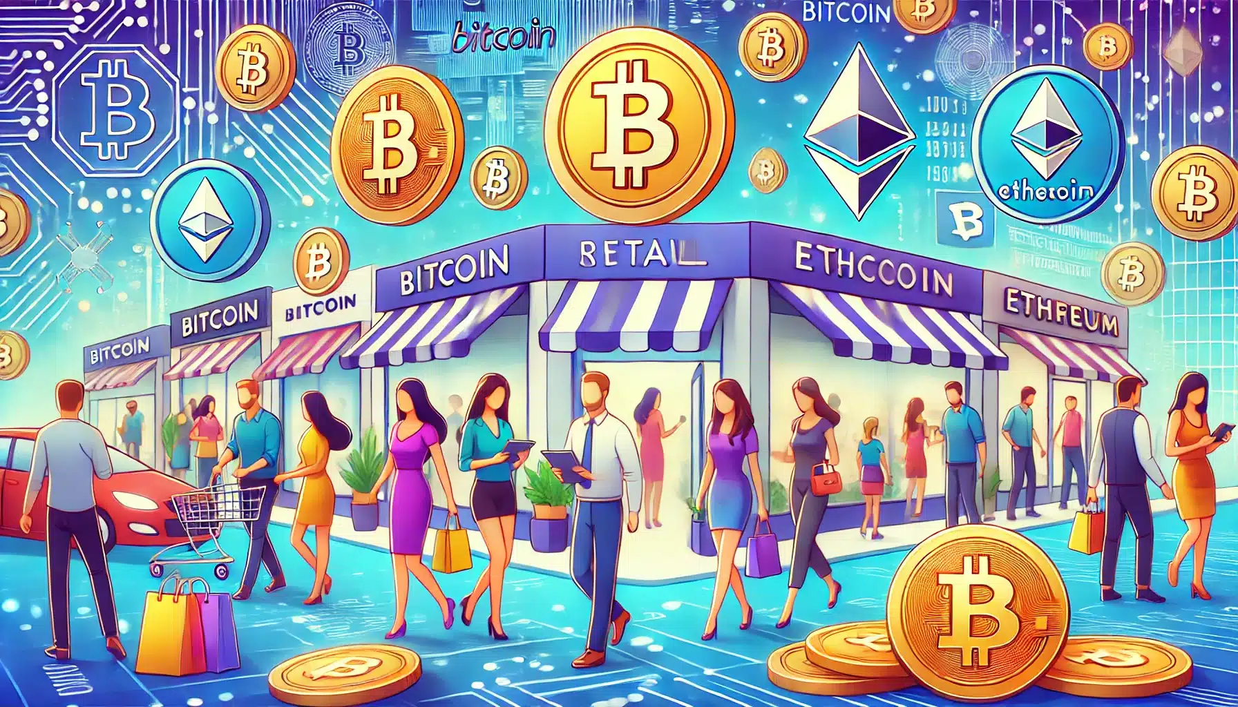 A vibrant scene of retail stores with Bitcoin and crypto symbols