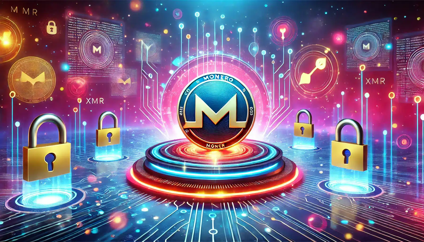 A vibrant scene with Monero coin and security elements