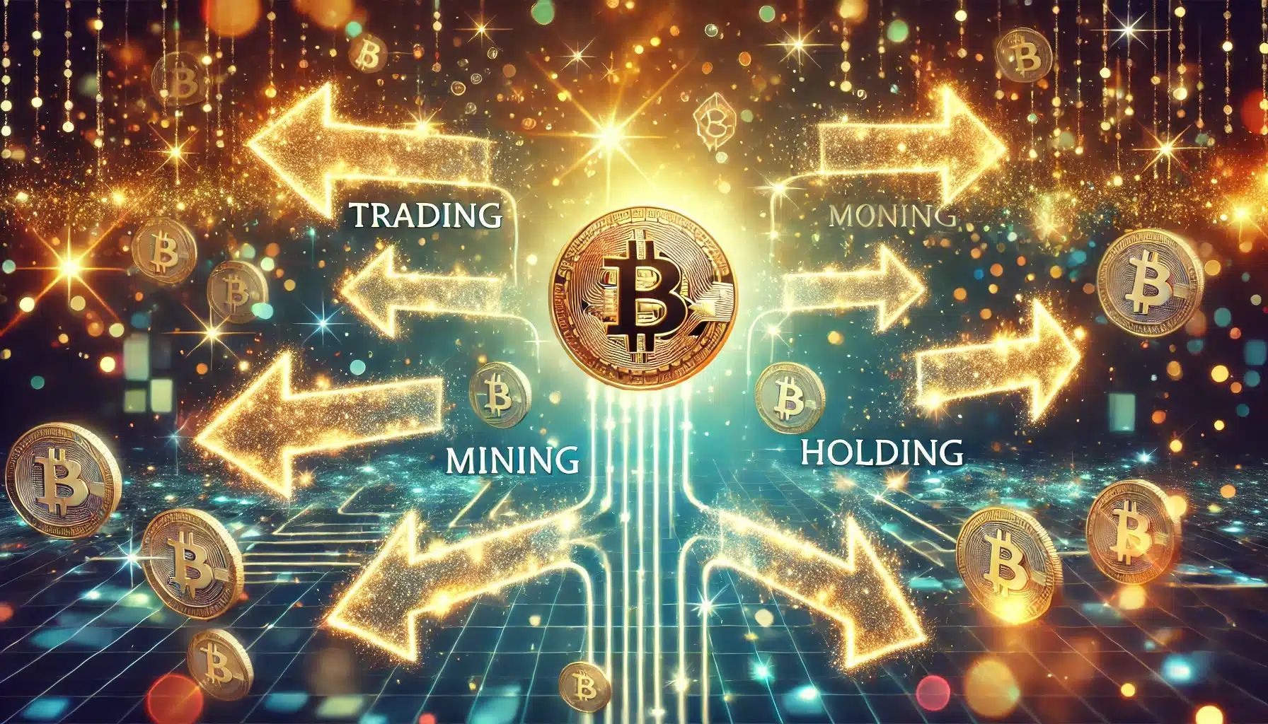 A whimsical image of Bitcoin with glowing arrows