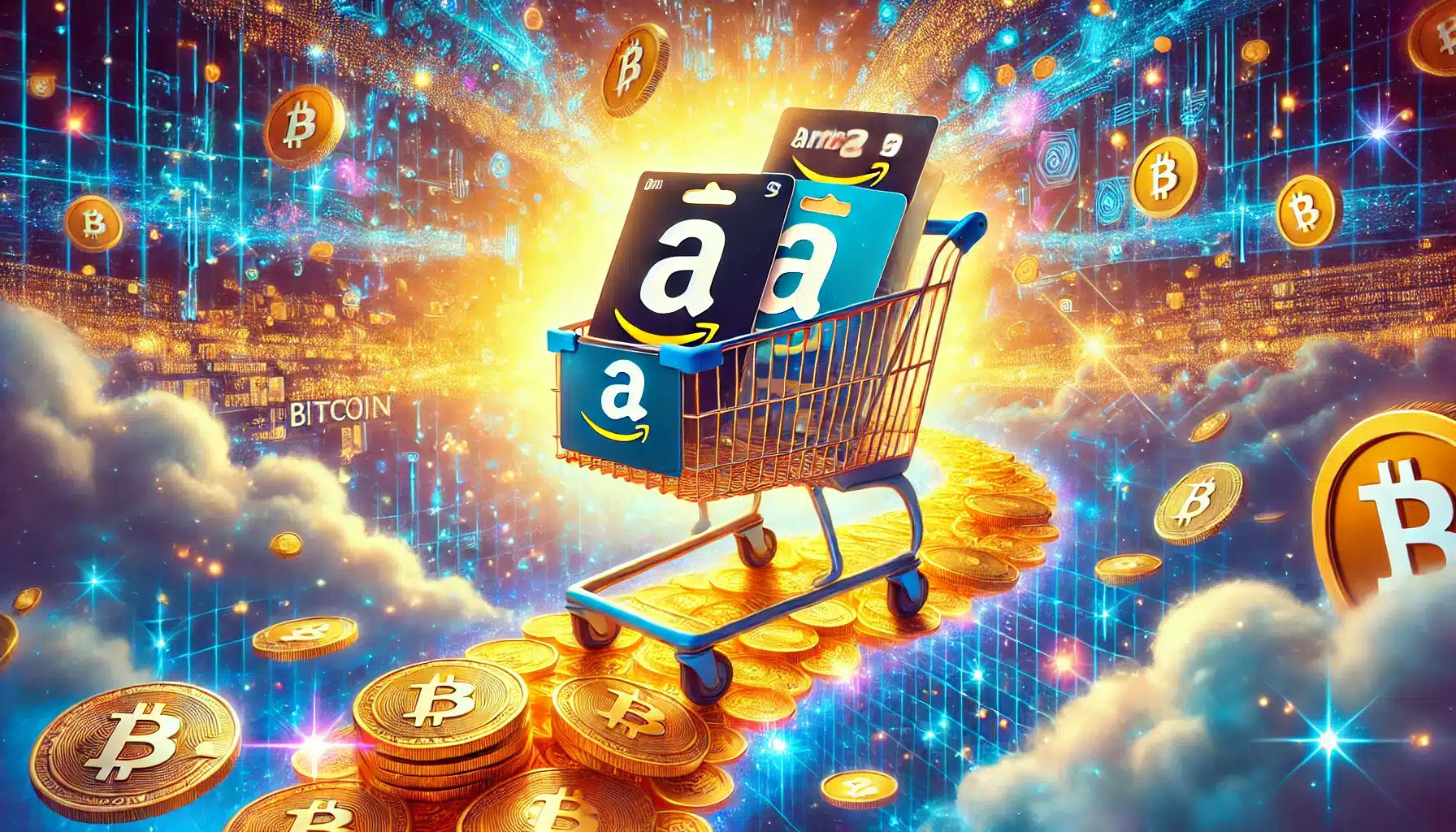 A whimsical image of a digital shopping cart filled with Amazon gift cards and Bitcoins