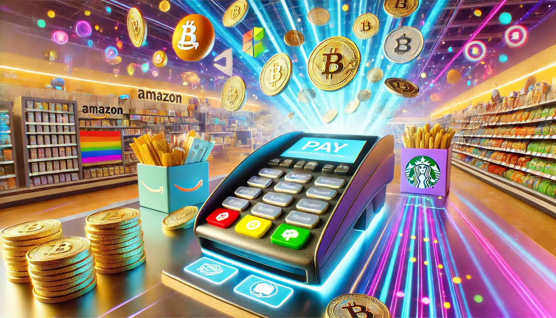 A whimsical image of checkout counter with crypto payment options