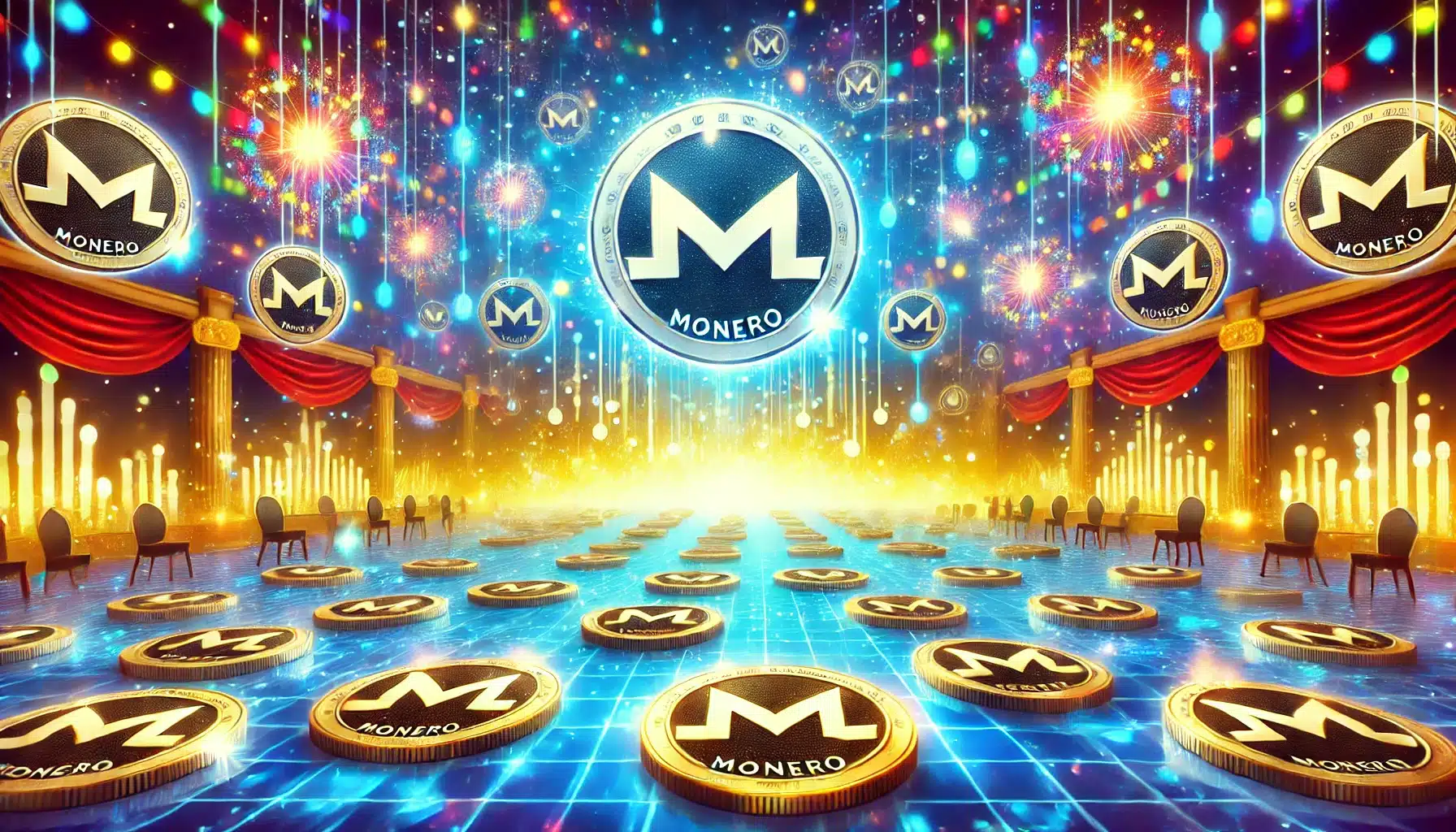 A whimsical image of digital marketplace with Monero coins
