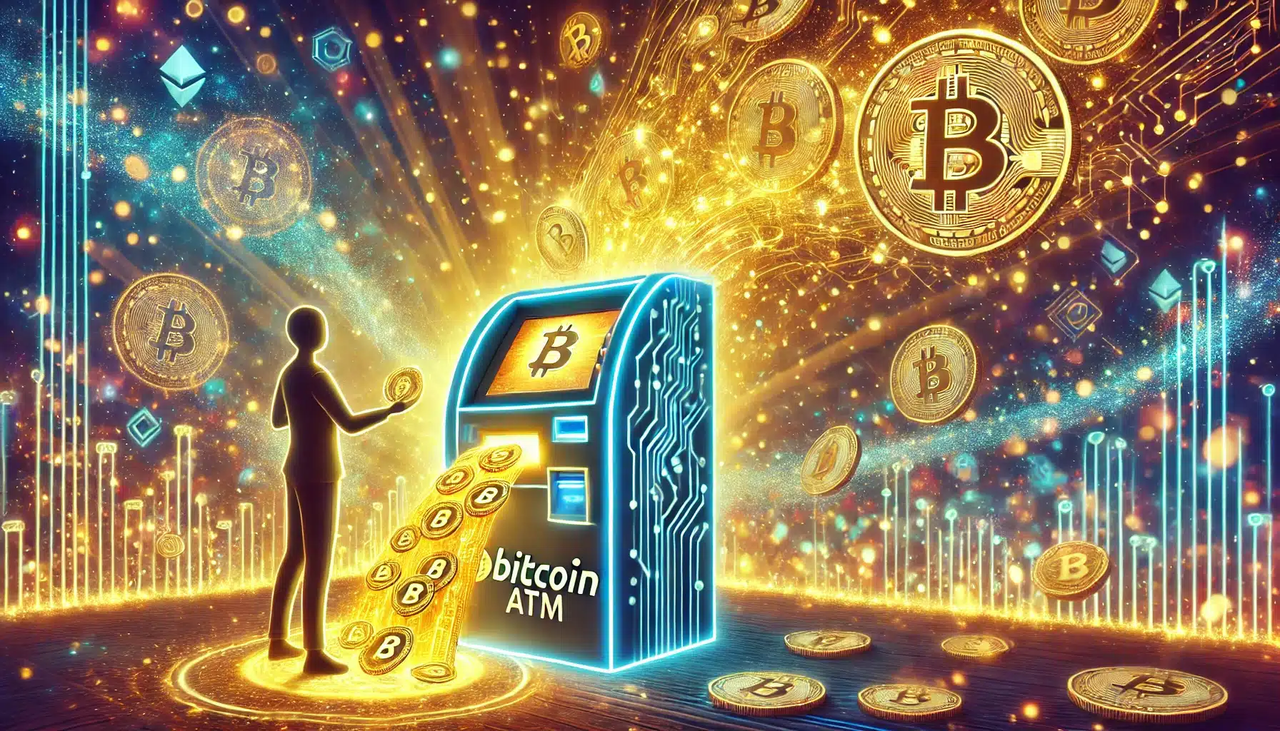 A whimsical scene of person using Bitcoin ATM with golden waterfall