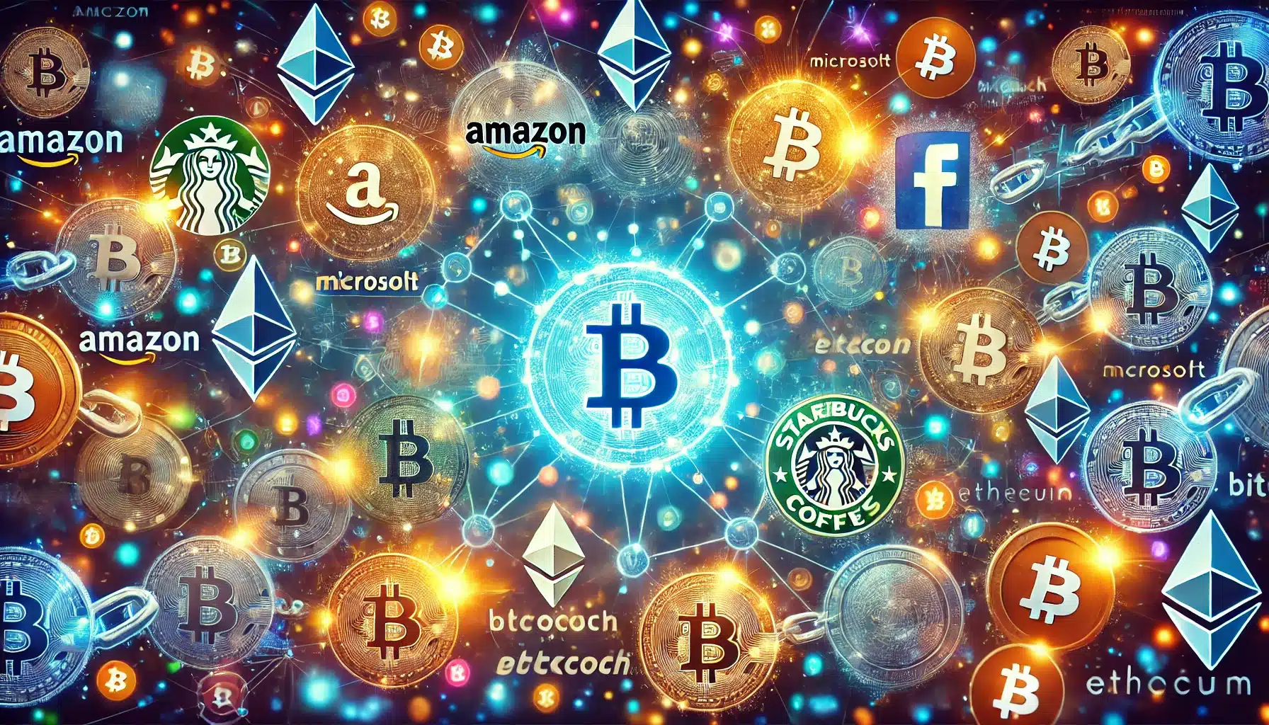An imaginative illustration of company logos with cryptocurrency symbols