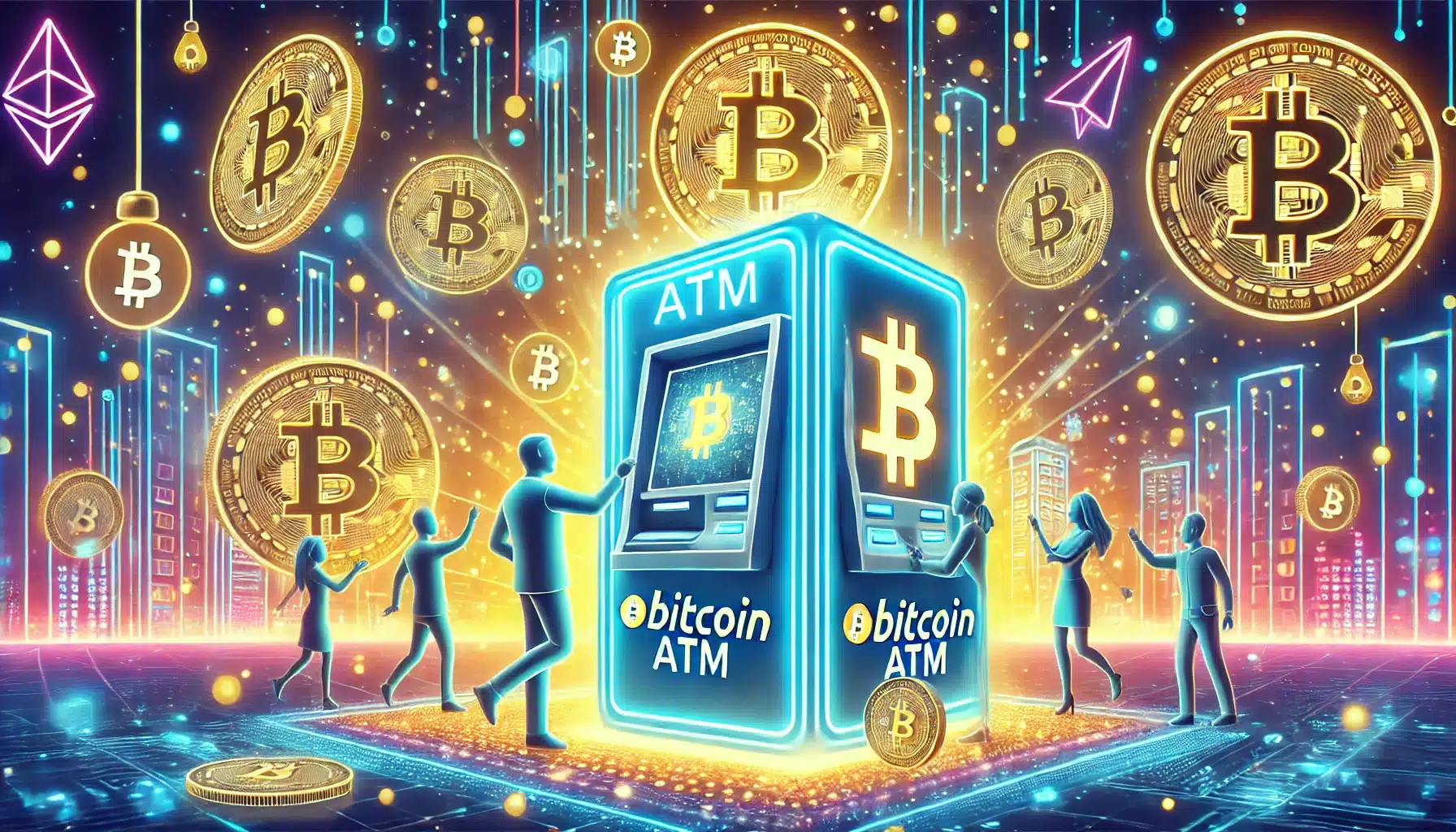An imaginative illustration of futuristic Bitcoin ATM with neon lights
