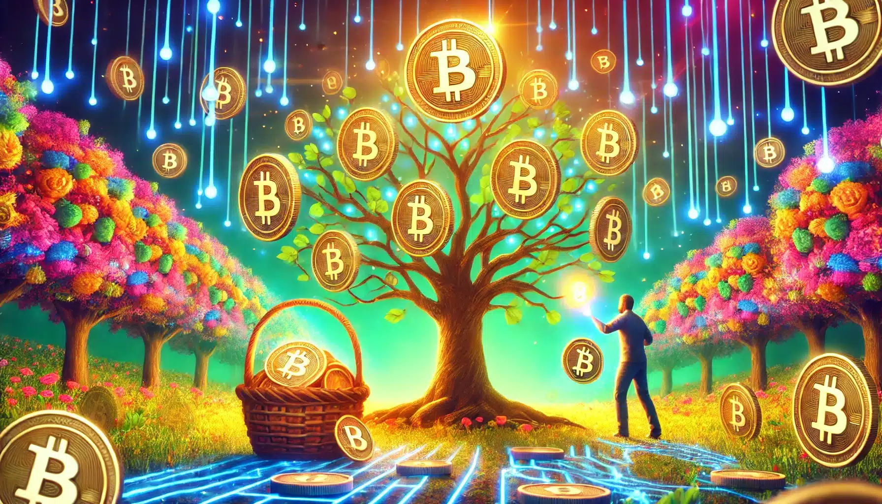 An imaginative scene of digital tree growing Bitcoins