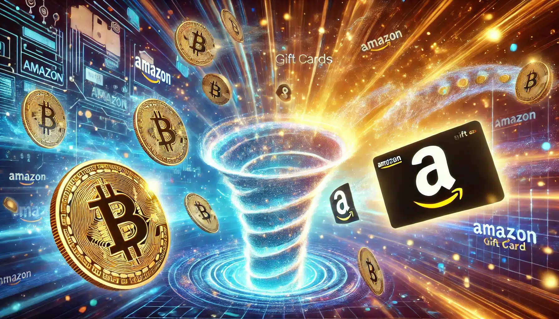 An imaginative scene where Bitcoins transform into Amazon gift cards