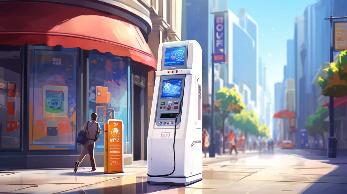 A futuristic Bitcoin ATM machine in a busy urban environment.