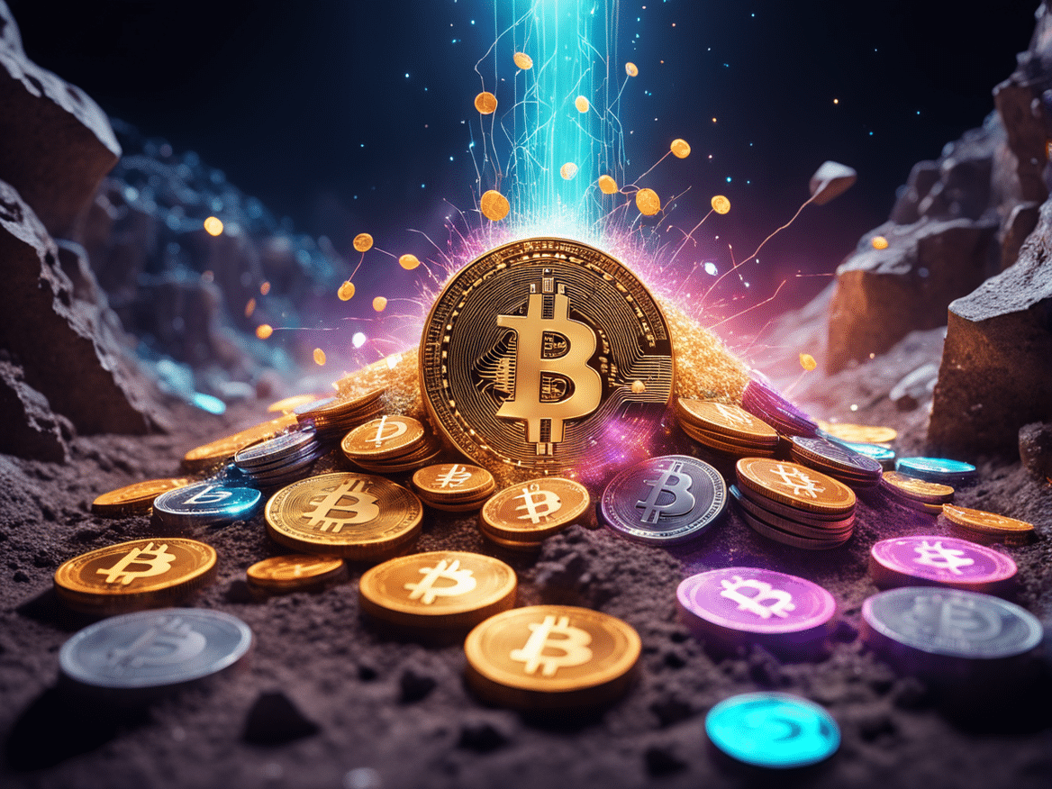 a colorful and futuristic image of a digital mine with cryptocurrencies like bitcoin and ethereum be 1