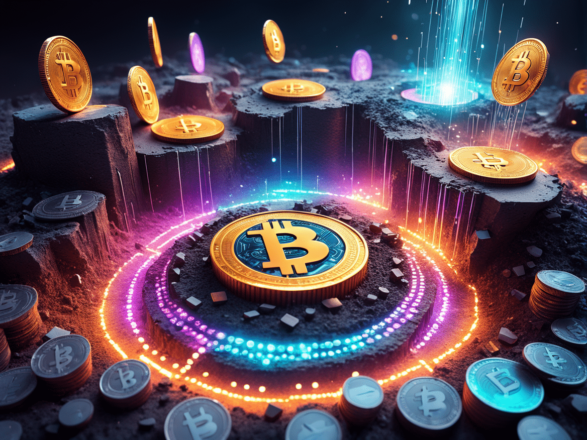 a colorful and futuristic image of a digital mine with cryptocurrencies like bitcoin and ethereum be 2