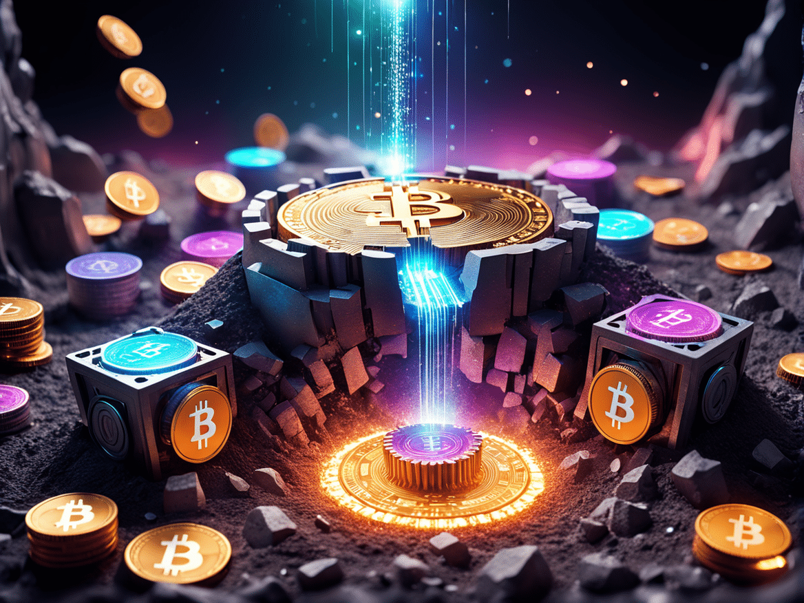 a colorful and futuristic image of a digital mine with cryptocurrencies like bitcoin and ethereum be