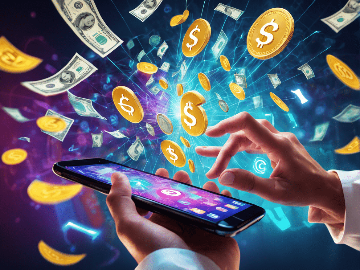 a dynamic image showing a person tapping on a smartphone with digital currency symbols and dollar b 1