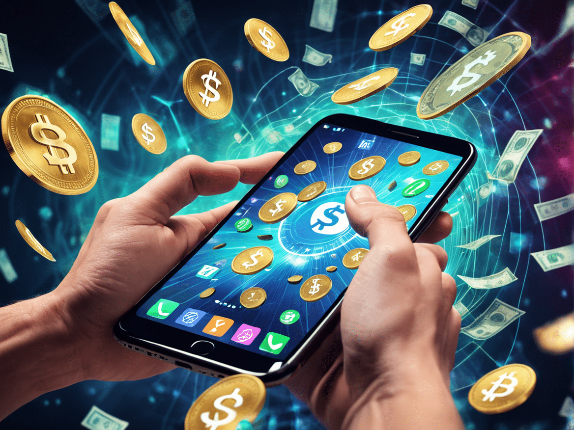 a dynamic image showing a person tapping on a smartphone with digital currency symbols and dollar b