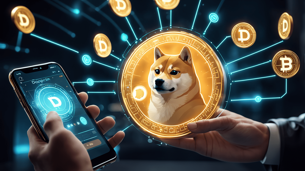 a futuristic image of a person making a dogecoin purchase on a sleek high tech device surround the 1