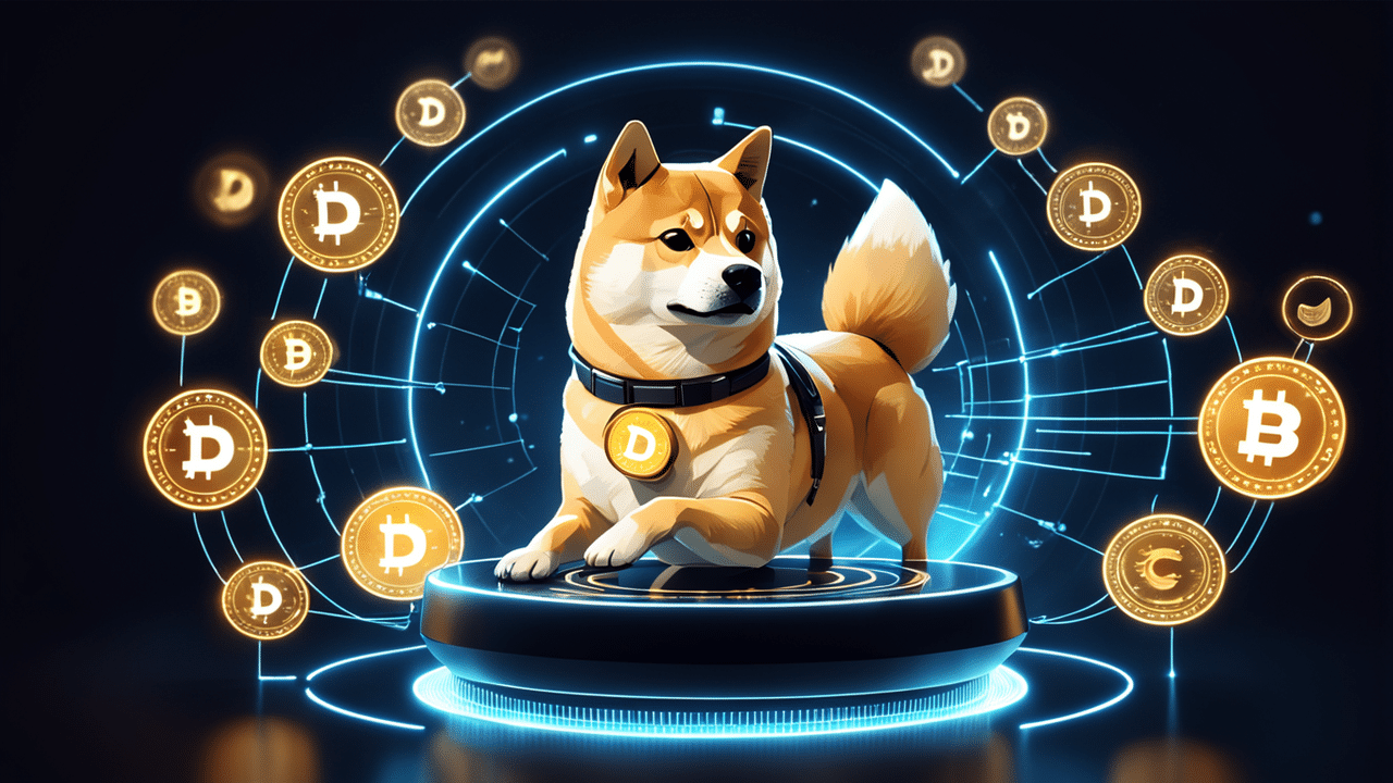 a futuristic image of a person making a dogecoin purchase on a sleek high tech device surround the