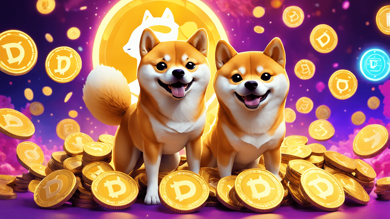 a playful image of the dogecoin shiba inu mascot standing next to a pile of glowing dogecoins the b 1