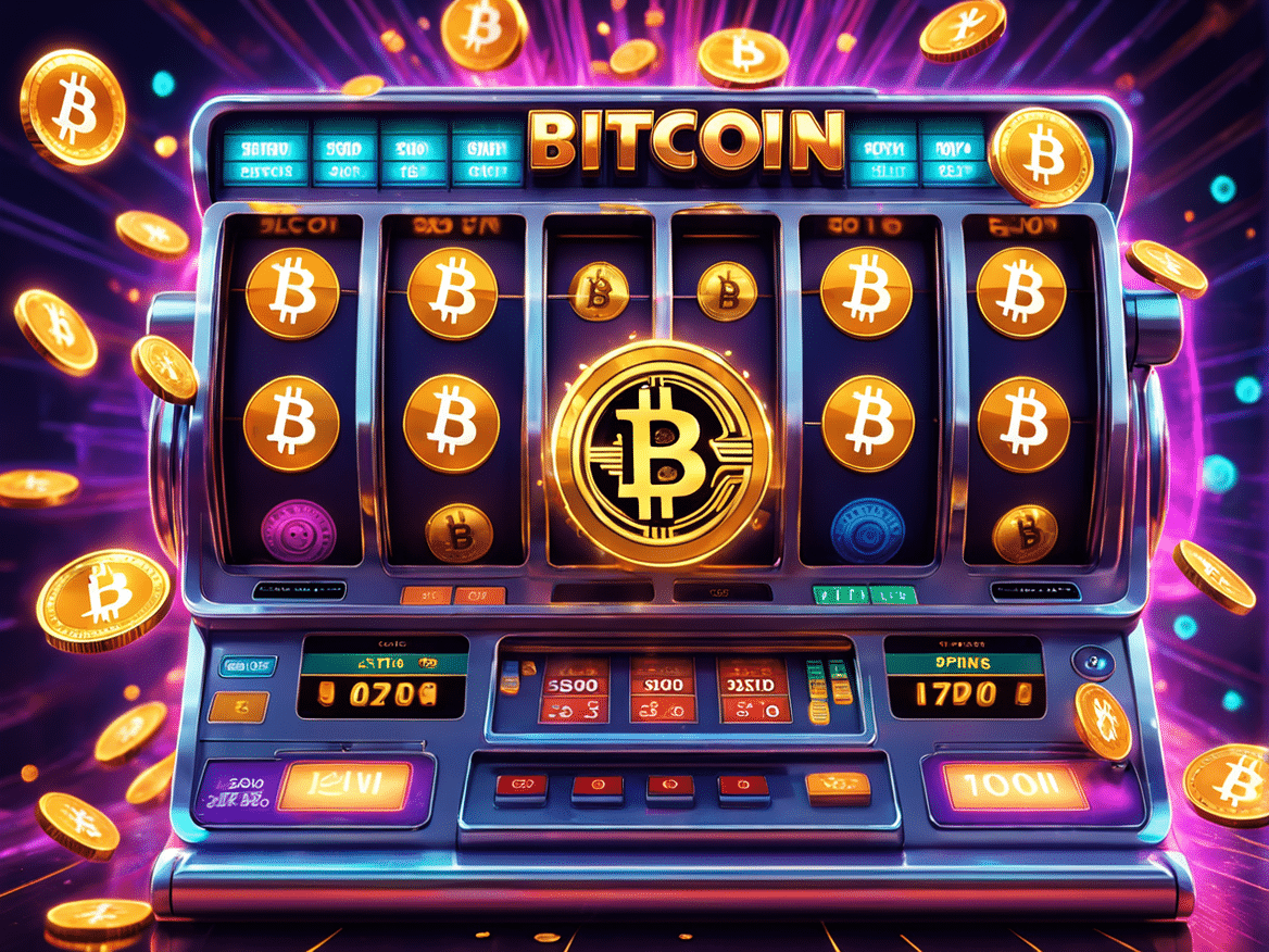 a vibrant and exciting image of a digital slot machine with bitcoin symbols on the reels surround t