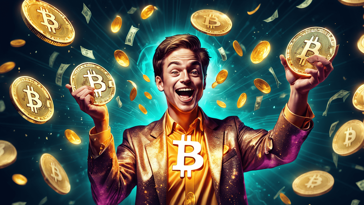 a vibrant and imaginative image showing a person holding a glowing bitcoin with floating dollar bil