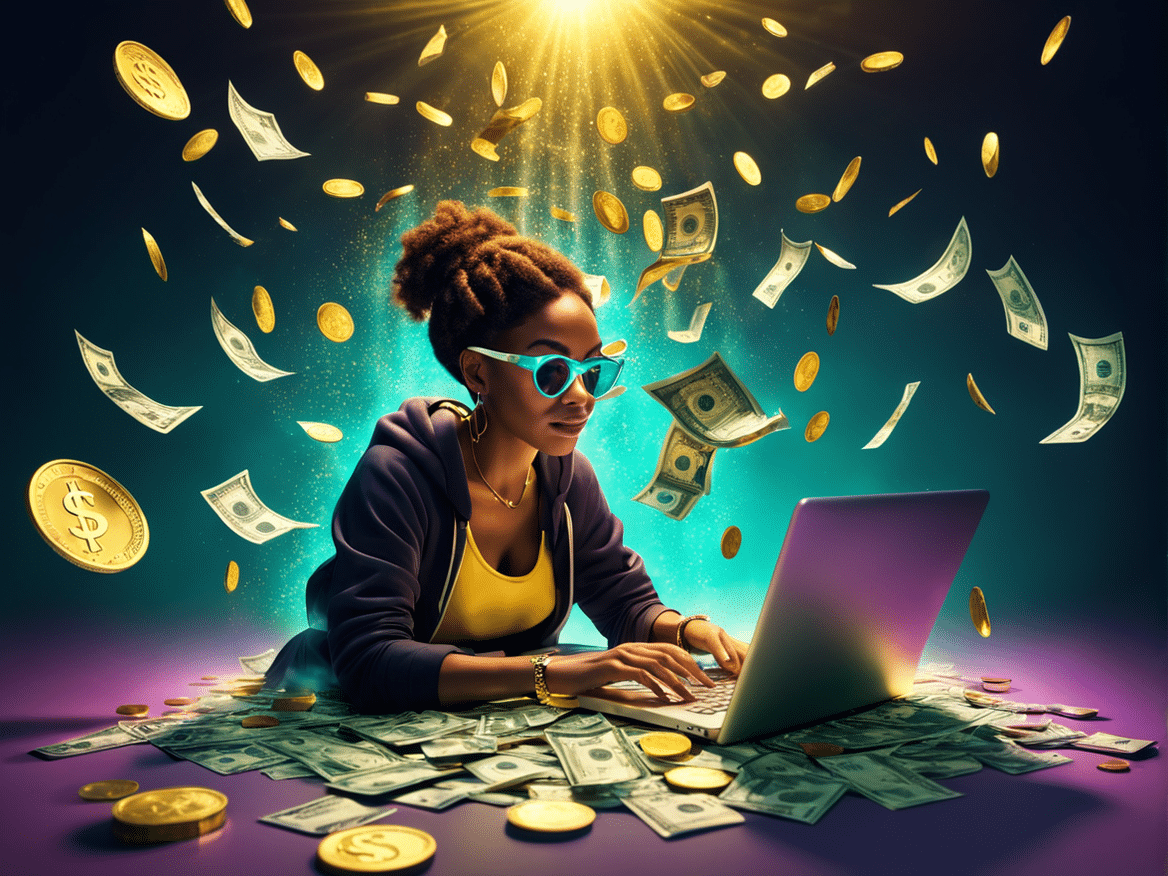 a vibrant and magical image of a person sitting at a laptop with floating dollar bills and gold coin 1
