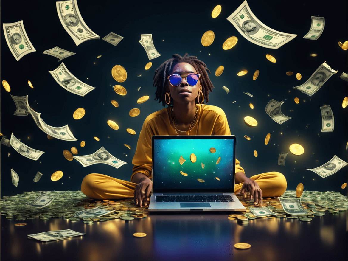 a vibrant and magical image of a person sitting at a laptop with floating dollar bills and gold coin