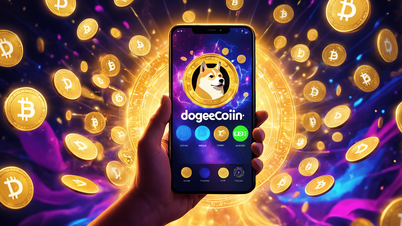 a vibrant image of a person holding a smartphone with the dogecoin logo on the screen surrounded by 1