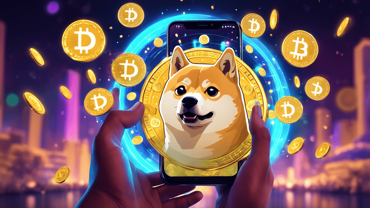 a vibrant image of a person holding a smartphone with the dogecoin logo on the screen surrounded by