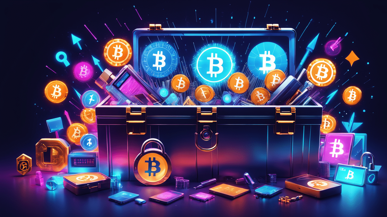 a vibrant image showing a digital toolbox filled with glowing cryptocurrency symbols like bitcoin an